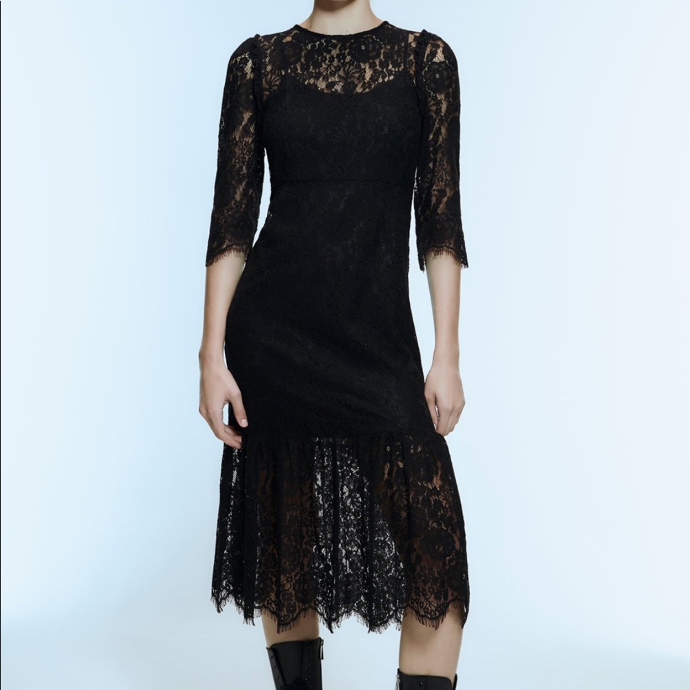 Zara lace ruffle midi dress blogger favorite black